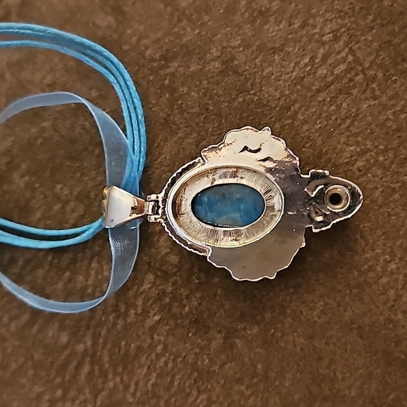 Vintage Stainless Steel Chrysocolla Victorian Colonial Style Pendant Necklace - Picture 5 of 5